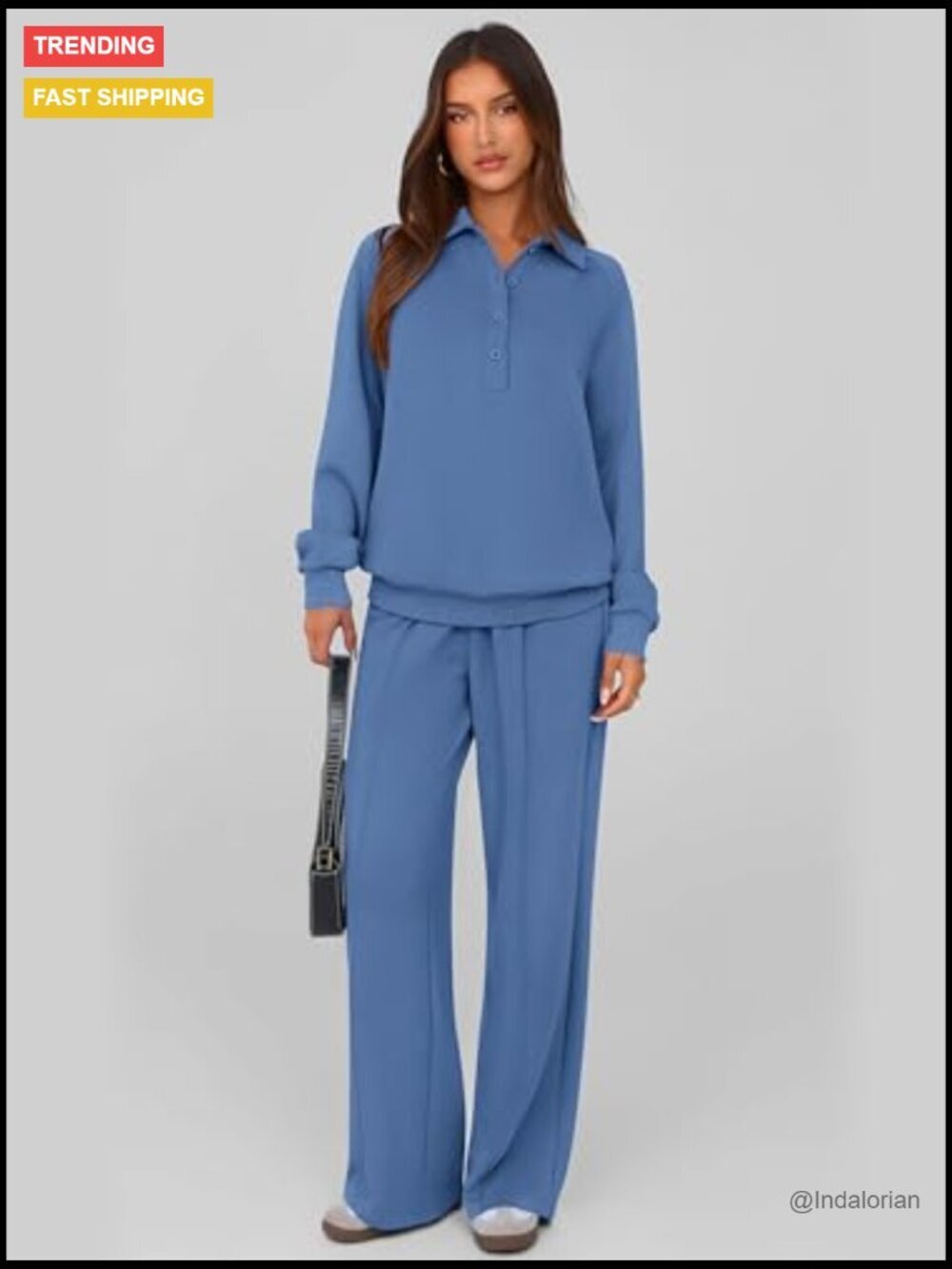 Quarter Button Long Sleeve Sweatshirt Wide Leg Pants Tracksuit Set - Picture 2 of 7